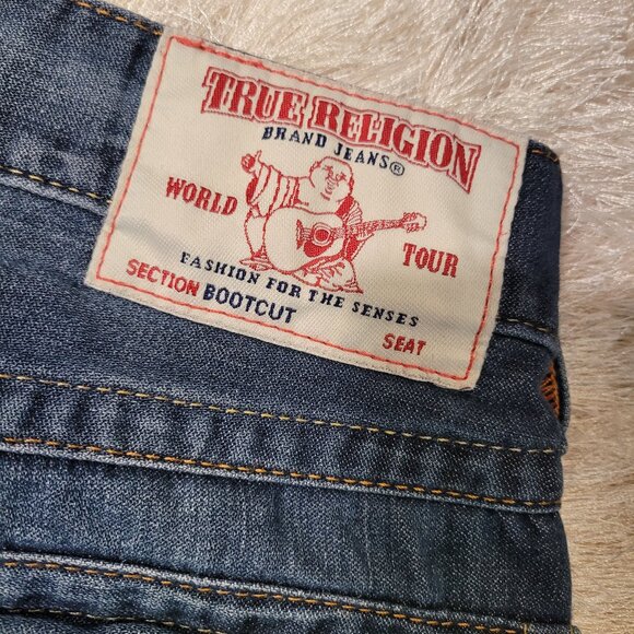 True Religion Mens Bootcut Jeans Sz 34 Whiskered Blue - Picture 6 of 12